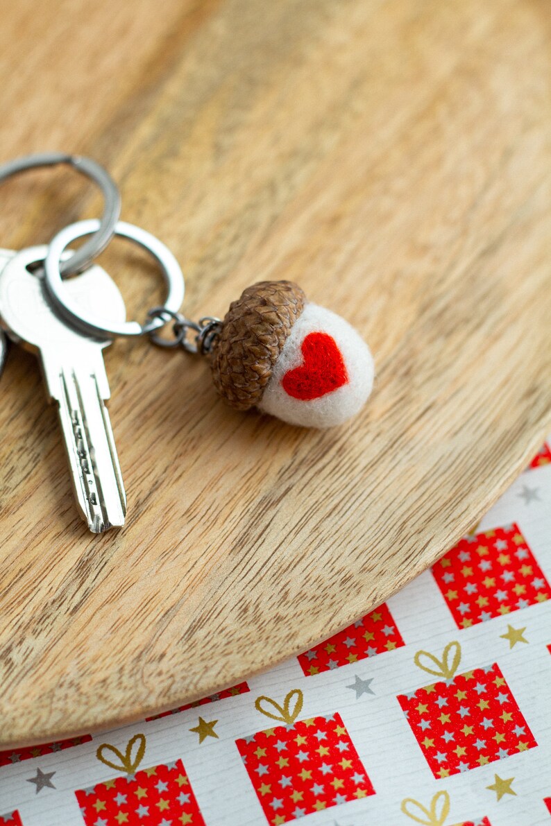 Handmade keychain "Love" gifts for her valentines day Wool white and red acorn keychain Cute keychain Small gifts for valentines day white