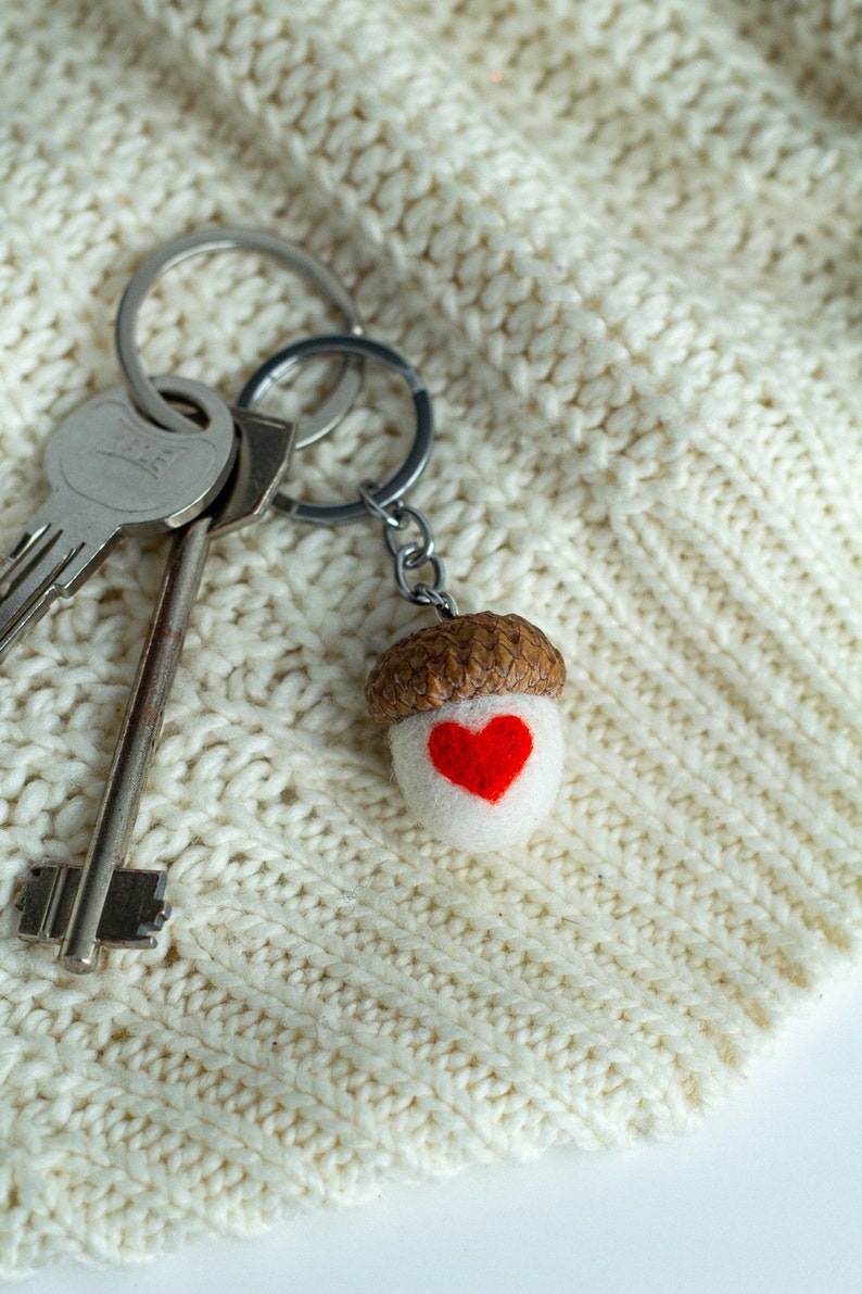 Handmade keychain "Love" gifts for her valentines day Wool white and red acorn keychain Cute keychain Small gifts for valentines day image 4
