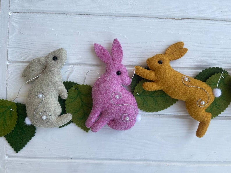 Easter Bunny garland, Spring Garland, Easter Felt Garland Bunnies and Felt leaves, Easter Garland, Bunny Banner, wall hanging banner image 5