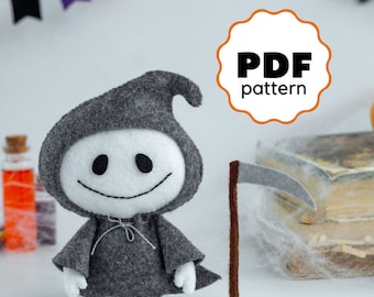 Halloween grim reaper pattern PDF pattern Easy pattern death with scythe Halloween ornament tutorial Felt halloween spooky toy DIY ornament