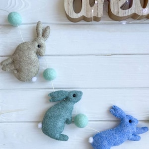 Easter Garland, Easter Felt Ball Garland Bunnies and Pastel Wool Felt ...