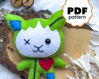 Halloween Zombie cat pattern PDF pattern Easy pattern Zombie cat Halloween ornament tutorial Felt halloween spooky toy DIY ornament
