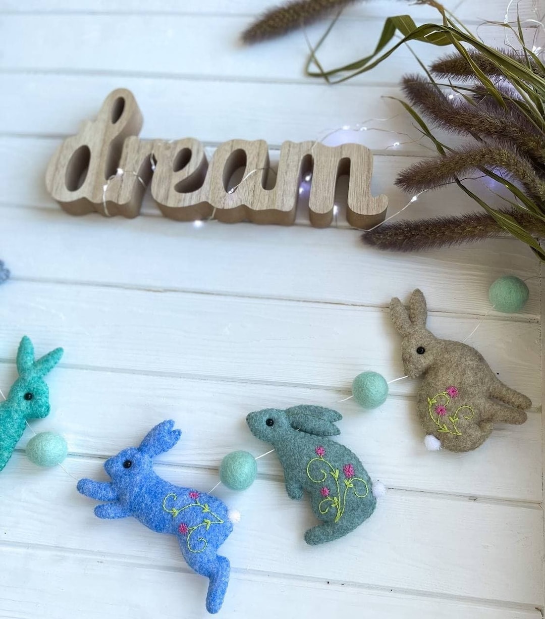 Easter Garland, Easter Felt Ball Garland Bunnies and Pastel Wool Felt ...