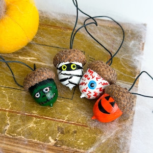 Halloween acorn ornaments Halloween Acorn decorations Set of 13 Hand painted multi-colored acorns Fall home decor Halloween tree ornaments