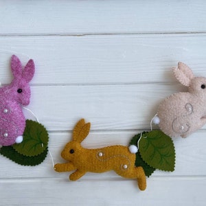 Easter Bunny garland, Spring Garland, Easter Felt Garland Bunnies and Felt leaves, Easter Garland, Bunny Banner, wall hanging banner image 4