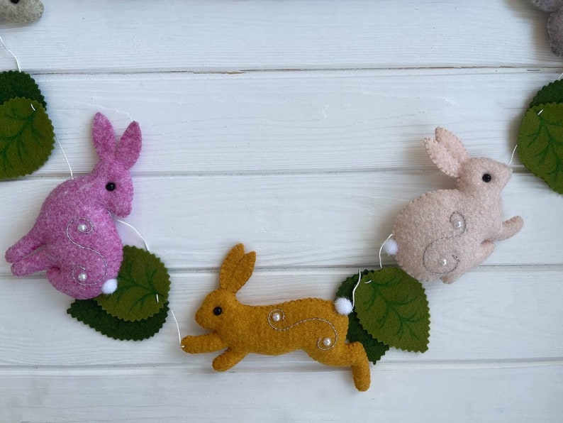 Easter Bunny garland, Spring Garland, Easter Felt Garland Bunnies and Felt leaves, Easter Garland, Bunny Banner, wall hanging banner image 4