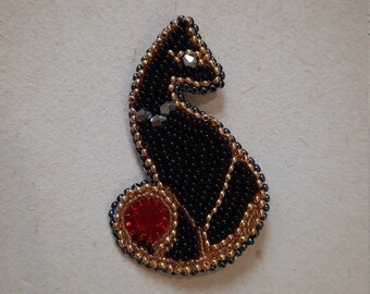 Embroidered brooch cat,  beaded brooch black cat