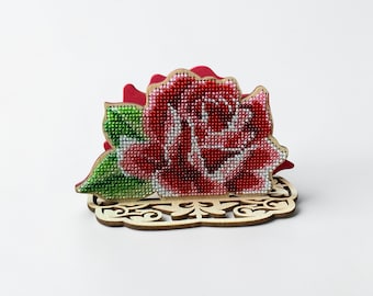 Pink Beaded Napkin Holder - Rose Embroidery Kitchen Decor on Plywood