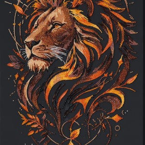 May include: A diamond painting art piece featuring a profile view of a lion head surrounded by flowing orange, yellow, and brown flame-like patterns and foliage. The design is set against a solid black background with a circular geometric frame.