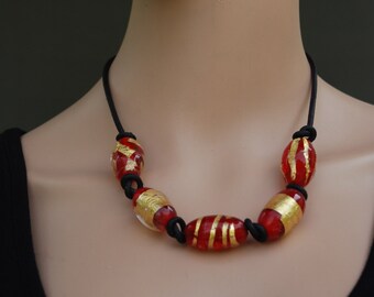 Lacework Necklace, Red Beaded Necklace, Black Leather Necklace, Gold Glass Bead Necklace, Artisan Jewelry