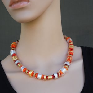 Red Glass Necklace, Lampwork Bead Necklace, Orange Murano Glass Necklace, Gold Foil Necklace