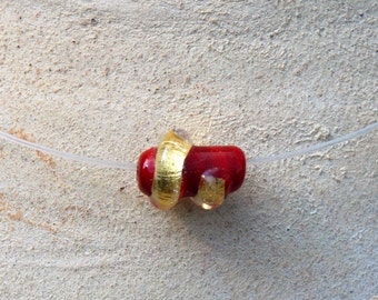 Red & Gold Bead Pendant Necklace, Clear Plastic Necklace, Delicate Necklace, Dainty Necklace, Murano Glass