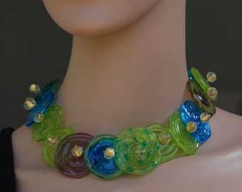Flower Necklace, Chunky Necklace, Glass Disk Necklace, Gold Bead Necklace, Murano Glass Necklace