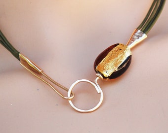 Olive Green and Topaz Necklace, 24K Gold Foil Necklace, Murano Glass Necklace, Fashion Necklace