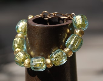 Murano Glass Bead Bracelet, Aquamarine Bracelet, Gold Beaded Bracelet, Lampwork Jewelry, Bridal Bracelet
