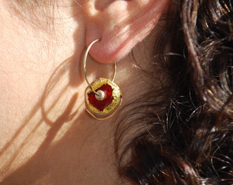 Gold Hoop Earrings, Red Gypsy Earrings, Murano Glass Earrings, Lampwork Jewelry, Drop Earrings