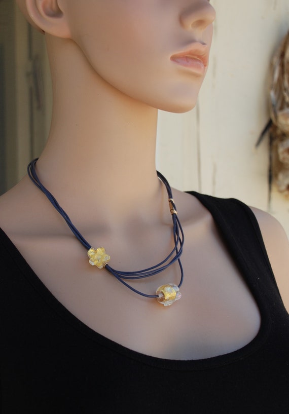 Lampwork Necklace Murano Glass Necklace Violet Leather Necklace Flower Necklace Layered Necklace
