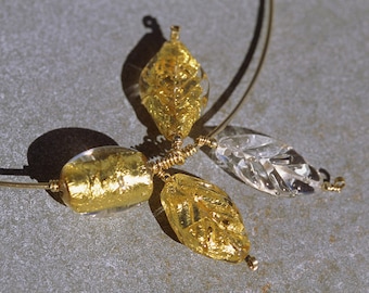 Artisan Hoop Necklace, Gold Leaves Necklace, Glass Necklace, Lampwork Jewelry, Gold Foil Necklace