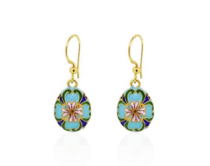 Green Flower Enamel Earrings-Lotus Enamel Earrings-Filigree Enamel Earrings-Sterling Silver Earrings-Gold Plated