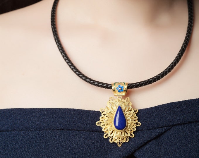 Lapis Necklace-Filigree Necklace-Gold- Fine Silver Necklace-Pear Shape Stone-Nature Stone