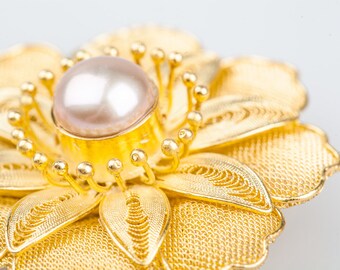 Gold Enamel filigree pearl brooch - Nature pearl-June Birthstone-Gifts for MoM-Handcrafted