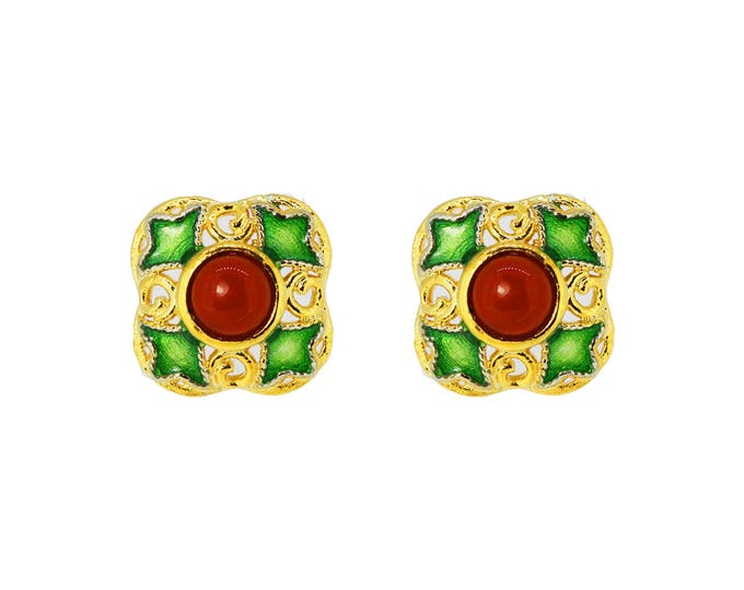 Sterling Silver Core With gold plated surface Set Lapis Earrings-Enamel Ear Stud-Filigree Ear Stud