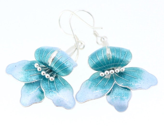 Enamel flower earrings-Silver earrings-Christmas Gift for Women