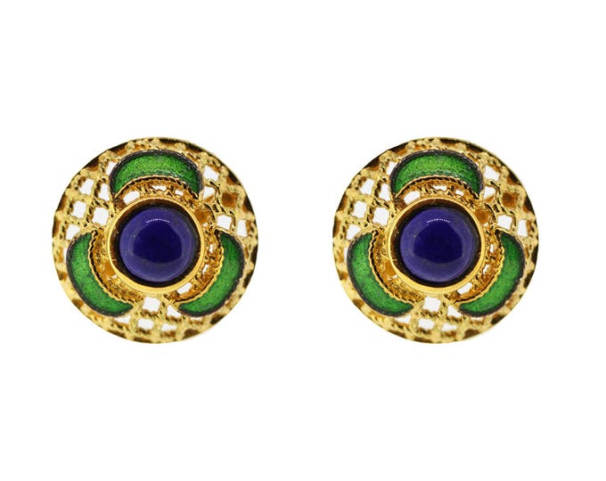 Fan Ear Studs-Enamel Ear Stud-Lapis Ear Studs-Agate Ear Studs