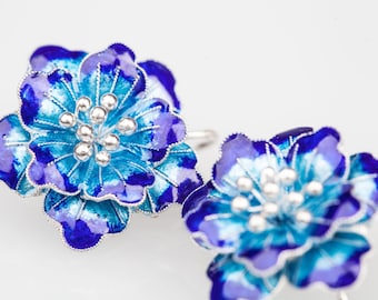 Enamel flower earrings-Silver earrings