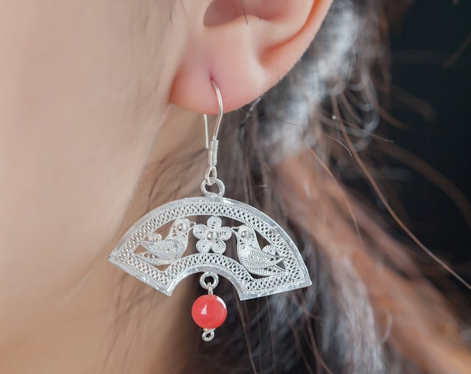 Fine Silver Fan Shape Earrings with red agate