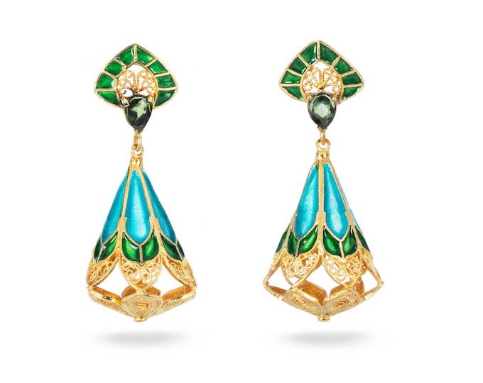 Silver Enamel Filigree Tourmaline Dangle Earrings-Filigree-18K GOLD Plated-Tourmaline Earrings-Enamel Earrings-Christmas Jewellery Gift