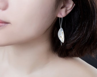 Sterling Flower Petal Earrings - delicate petal dangling from ear - cute and light - art jewellery