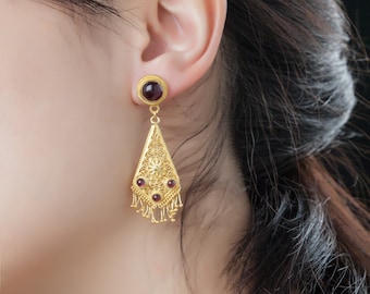 Filigree Sterling Silver-Gold-Nature stone-Garnet-Indian style-Luxury-Handcrafted Chandelier Earrings-garnet January birthstone for her
