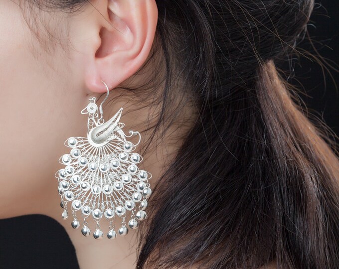 Fine Silver Filigree Earrings-Handcrated Earrings-Peacock Dangle Earrings