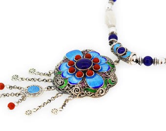Enamel Pendant-Blue Flower-Lapis Pendant-Filigree Pendant-Chinese Jewellery