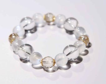 Moonlit Elegance·White Crystal/Blue Moonstone /Gold Rutilated Quartz Bracelet with 18K Gold Component/Beads/Natural Crystal/Quartz
