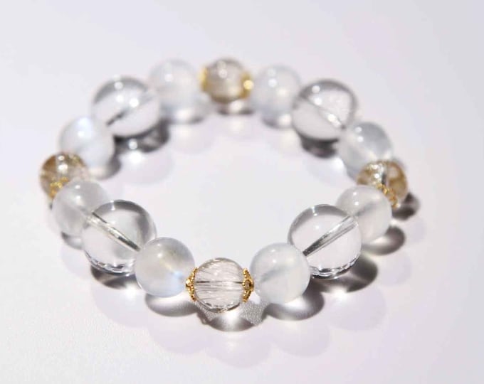 Moonlit Elegance·White Crystal/Blue Moonstone /Gold Rutilated Quartz Bracelet with 18K Gold Component/Beads/Natural Crystal/Quartz