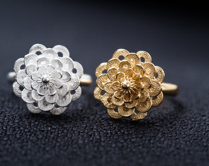 Fine Silver Filigree Ring-Plum Flower Ring-Handcrafted Ring-Silver Ring