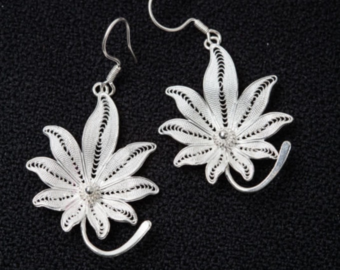 Pure silver earrings solid silver filigree leaf