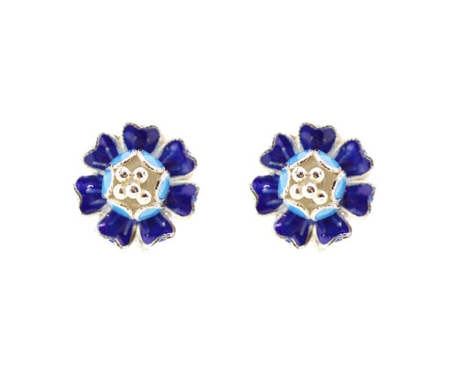 Blue Flower-Enamel Flower-Enamel Ear Studs-Chinese Enamel Jewellery-Handmade Jewellery