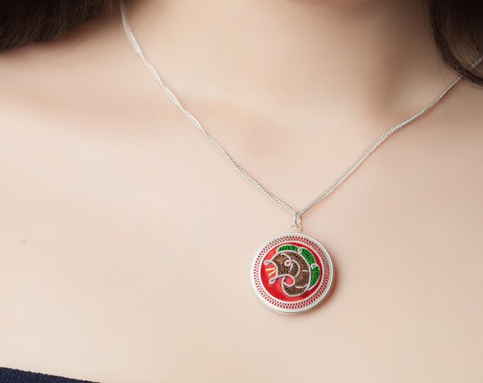 Colourful silk thread wrapped over silver filigree - unique pendant evoking traditional Oriental art