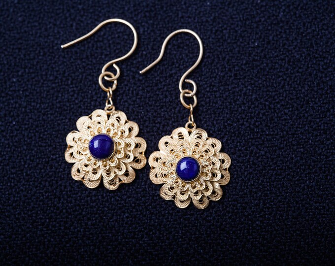Filigree earrings-Silver earrings-24K gold Plated earrings-Lapis earrings