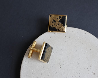 Handcraft Lacquer Cuff links/Silver Cufflinks/Gold in Lacquer Silver frame Cufflinks/Square Silver Cufflinks//银袖扣/
