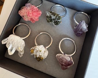 Rough crystal rings/Natural crystals/ natural quartz/Silver crystal ring/flexible size/Ruby/Pyrite/Epidote/Amethyst/Rock Quartz/Clear Quartz