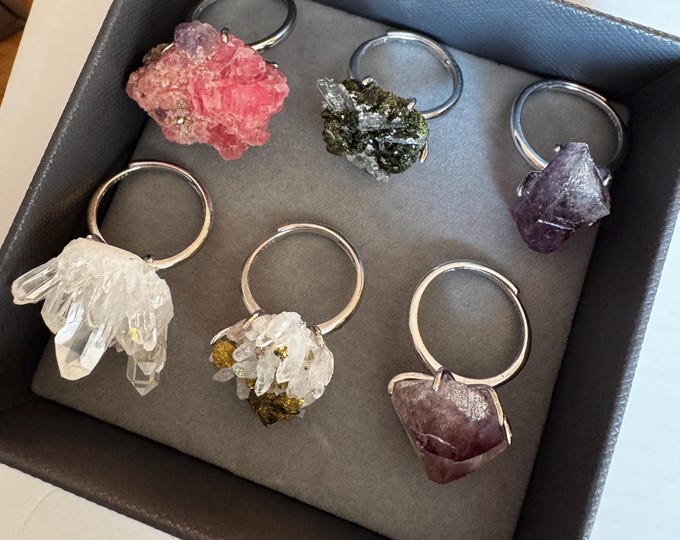 Rough crystal rings/Natural crystals/ natural quartz/Silver crystal ring/flexible size/Ruby/Pyrite/Epidote/Amethyst/Rock Quartz/Clear Quartz