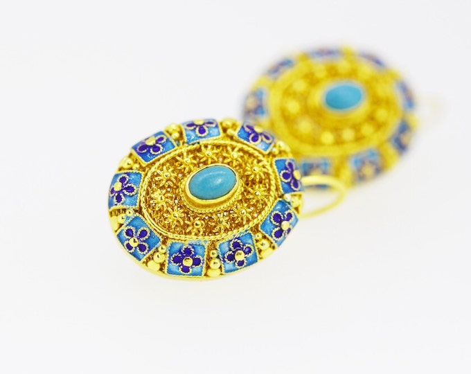 Kallaite Filigree Enamel Earrings-Silver Good Plated Earrings-Handcrafted-Tibet Blue-gift for women