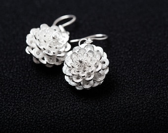 Fine Silver Filigree Earrings-Flower Dangle Earrings-Silver Filigree Earrings