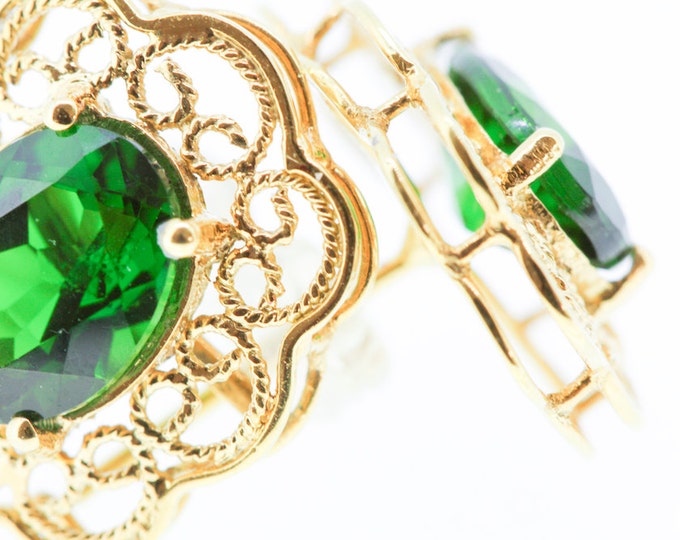 18K Gold filigree earrings - hallmarked 18k gold - light and airy beauty - hand woven wire filigree - diopside green gemstones