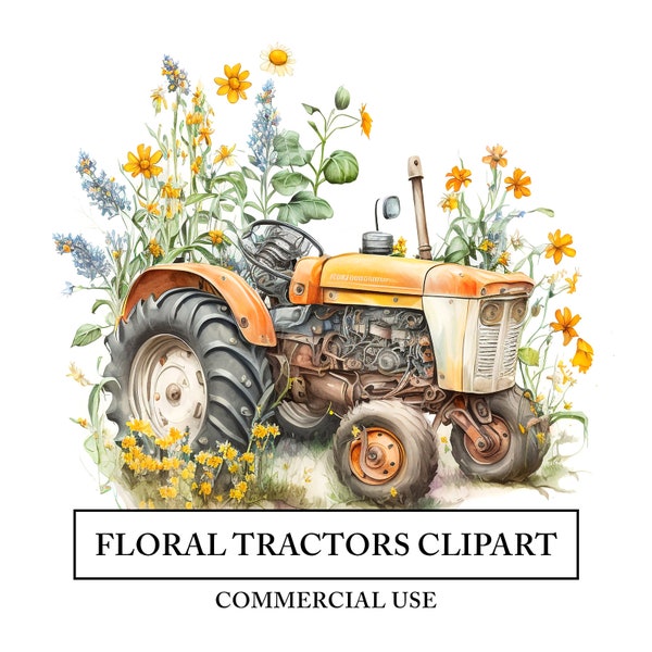 Floral Tractor Clipart - 15 High Quality JPGs - Enchanting Country Farmyard Flower Truck - Watercolor Art Craft - Digital Design Download