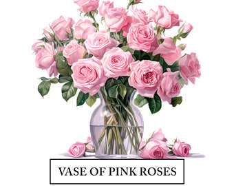 Vase Of Pink Roses Clipart - 14 High Quality JPGs - Flower Wedding Bouquet Watercolor Art Craft - Digital Design Download - Card Invitation